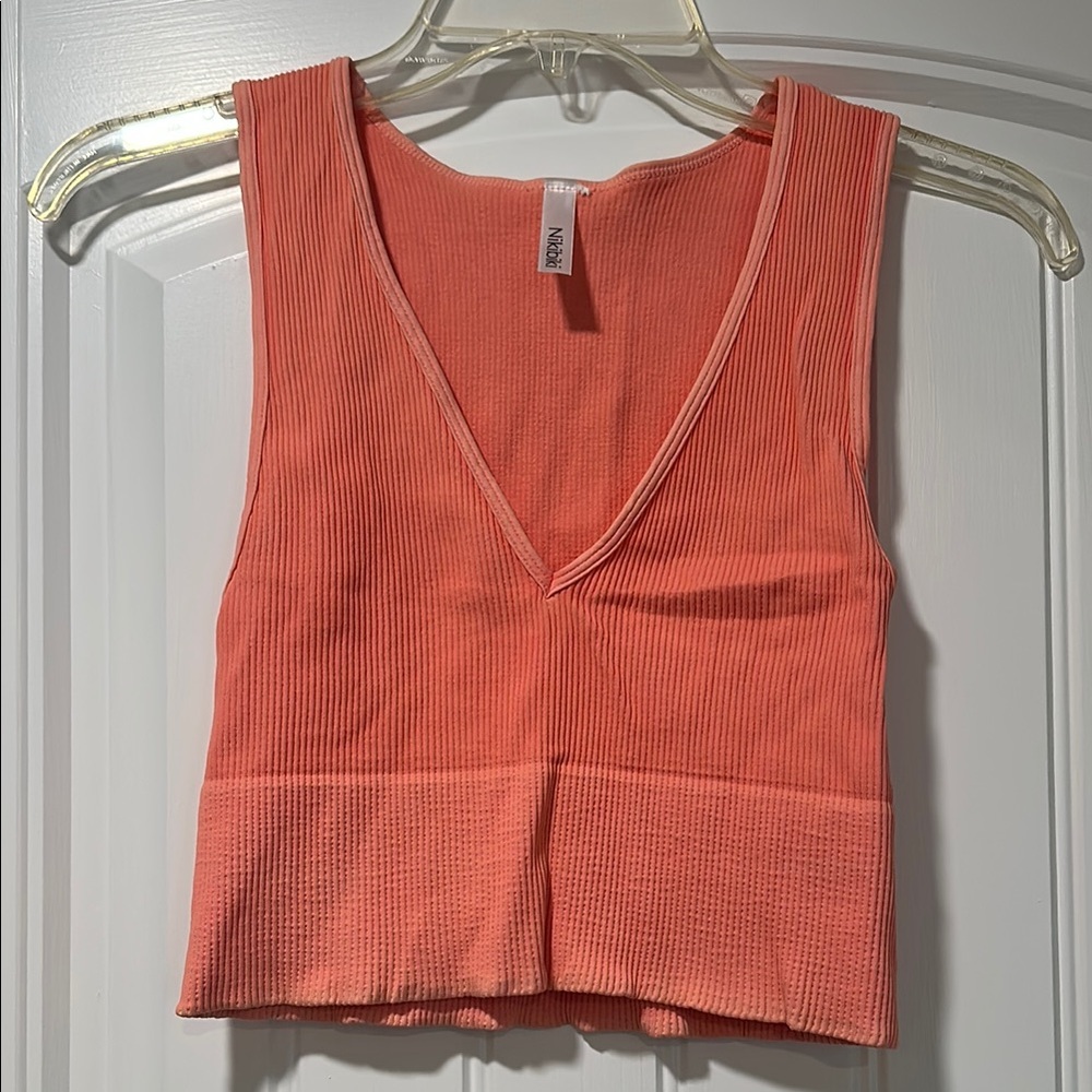Nikibiki Coral Ribbed V-Neck Crop Top